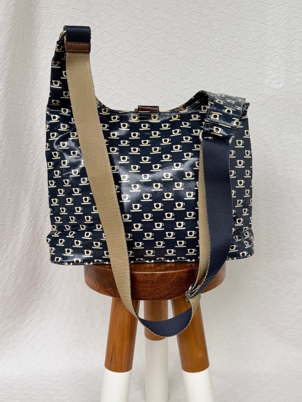 Orla Kiely Navy and Cream Coffee Cup Print Messenger Bag with Tan Strap